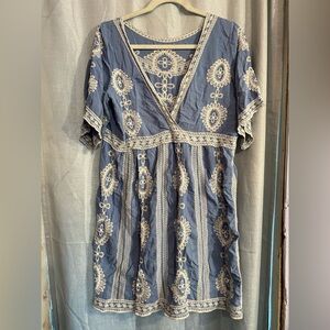 Blue and White Flutter Sleeve V-Neck Sundress